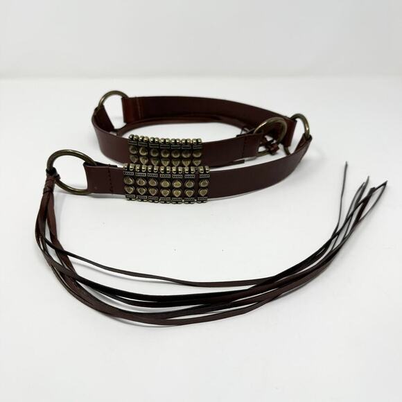 Brown Leather Brass Ring Tie Belt Sliding Brass Bars Fringe Belt Women\'s L Boho main image 5